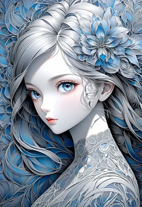 graphite art , , magnet,  mysterious pattern ,  beautiful woman gazing with interest, 2.5D, Delicate and dynamic,  Shading Effects , The Magic of Contrasts , ((Light Blue Wallpaper)), 