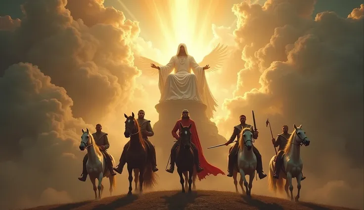 A divine figure seated on a glowing celestial throne, radiating golden and white light, symbolizing sovereignty. Below, the Four Horsemen of the Apocalypse: a white horse with a bowman, a red horse with a warrior holding a sword, a black horse with a rider...