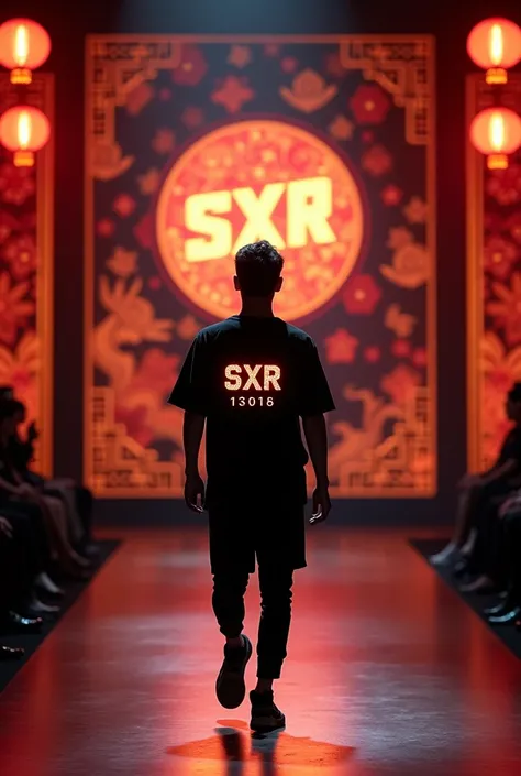 Fashion runway photo, light art in the style of Chinese culture, beautiful and mysterious patterns. The background is a traditional Chinese pattern with lamps and ornate details, prominent in the center with SXR logo, Chinese font design style, glowing Chi...