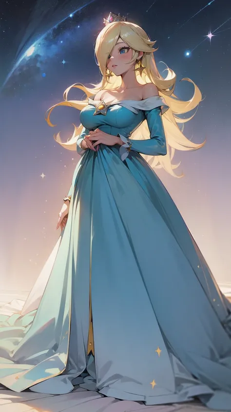 princesa rosalina, blue dress, big breasts, adult body, starry sky, semblante angelical
