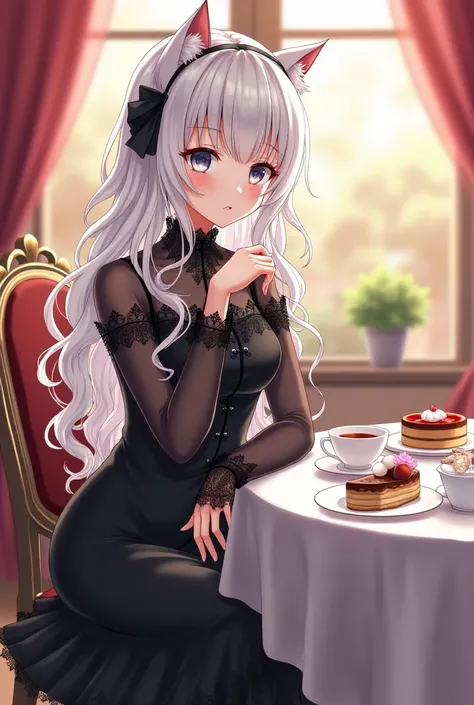 An anime-style illustration of a beautiful girl wearing a black Gothic-style lace dress. She has a delicate face, fair skin, and fluffy long white hair with slight curls and straight bangs. Cat ears adorn her head, and she has a pair of gray-blue eyes. She...