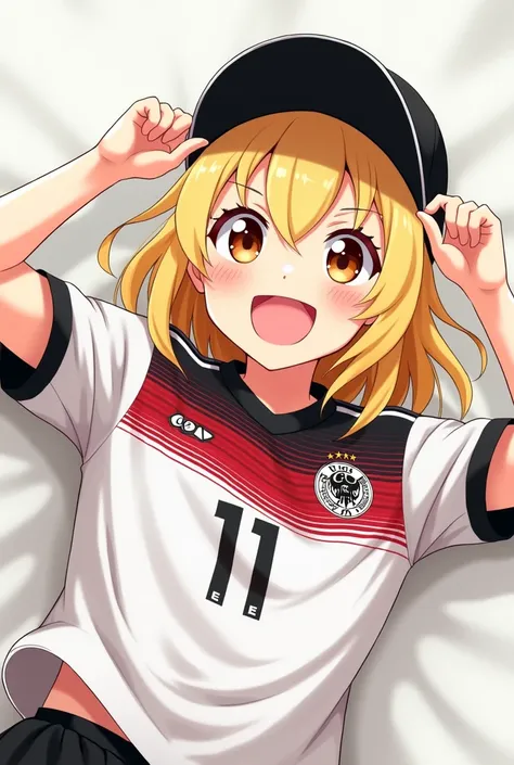 BLOND GIRL WITH A BLACK CAP ,  SHE IS ON HER BACK WEARING A SHIRT OF THE GERMAN NATIONAL TEAM ,  ON HER BACK IS THE LAST NAME SCHNEIDER AND THE NUMBER 11 ANIME STYLE