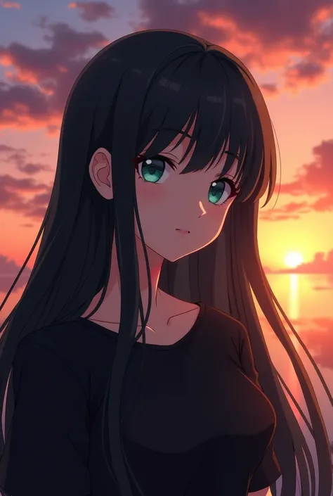 Ai anime character , adult woman,  black hair stretched , blue-green eyes,  dressed in a black shirt watching the sunset 