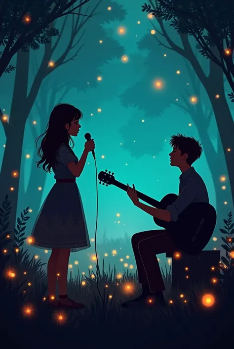 Can you create an image of a pretty adult girl singing and an adult boy playing the guitar while listening to it,Let the background be like dark forest ,  with fireflies and butterflies and people applauding joyfully around