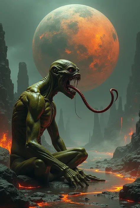 recursive effect, disturbingly vicious humanoid, without eyes, has muscles all over the original greenish brown body, mouth wide open, sitting on all fours with hands on the floor, long tongue sticking out as if trying to touch a big planet. Add lakes, wat...