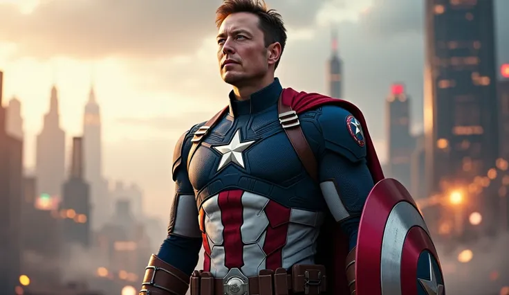 an image of ELON MUSK creator of TESLA dressed as Captain America in 4k, full HD