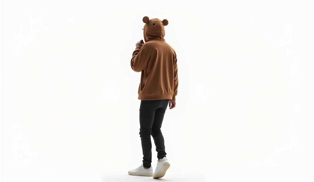 Wearing a 、Man standing up and singing full body （ From Head to Feet ） slightly obliquely from the side while holding it to the mouth。
 rhythmic posture
・The man is wearing a brown bear hoodie。 · This hoodie has a Japanese feel 、 cute character style bear ...