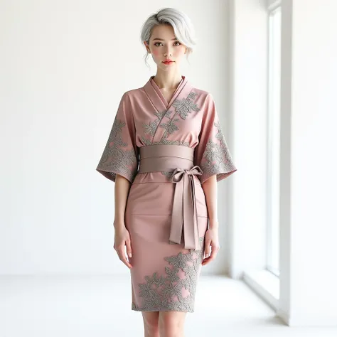 image realista style photographic.Beautiful Caucasian girl with white skin, Wearing a dress of faith Kimono style(classic Japanese decoration) ,with a wide obi,  and floral lace details and a short pencil skirt.short sleeves with., gray lace distributed in...