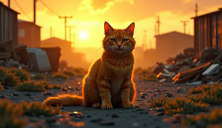 Style: Realistic, cinematic, action, sharp concept art. Details: Panoramic, Wide angle, A yellow-black cat sit on ground, look to the front of the frame, inside of a garbage dump, at sunset. Characters: yellow cat, fat body, yellow-black disheveled fur, ev...