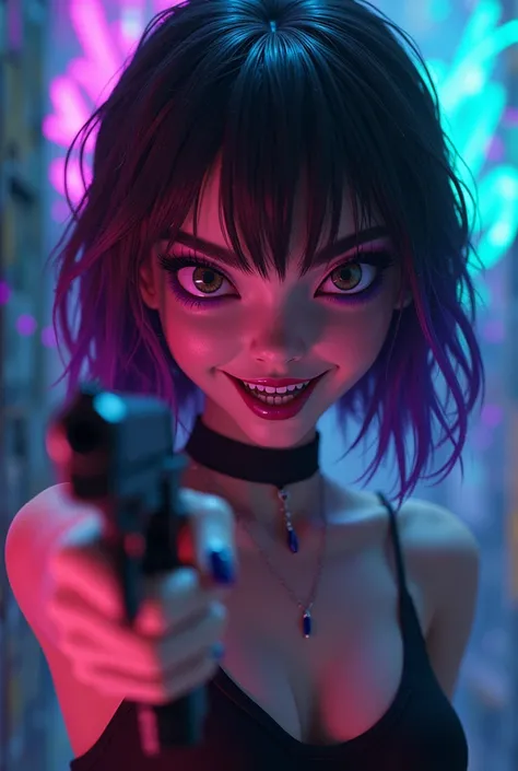  Make me an animated image 2 .5D a white girl , with honey-colored eyes, maquillaje en los ojos purple, with an evil smile , pelo castaño con purple y fleco,  with painted nails and making like the shape of a gun with my hands,  with some colors of graphit...