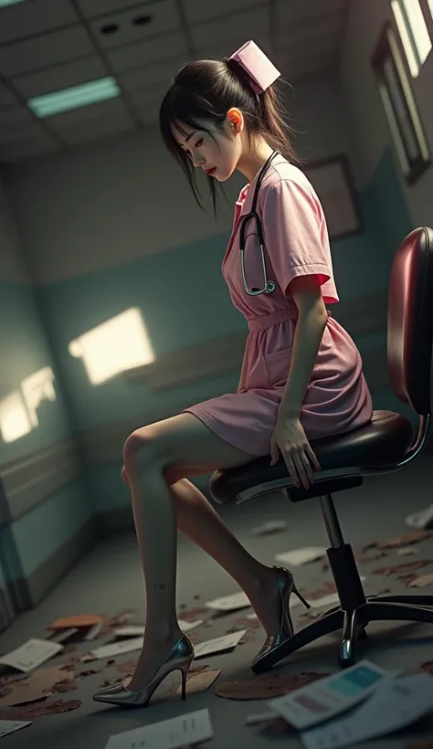 ((Horror:1.9, 32K:1.8, Photographically:1.8,  best quality:1.8, masterpiece:1.8,  ultra high resolution:1.8)),   High Resolution Skin and Face Textures ,  professional low angle camera work,  cinematic lighting, ( sexy:0.5, Tall Japanese Woman:1.0, nurse:1...