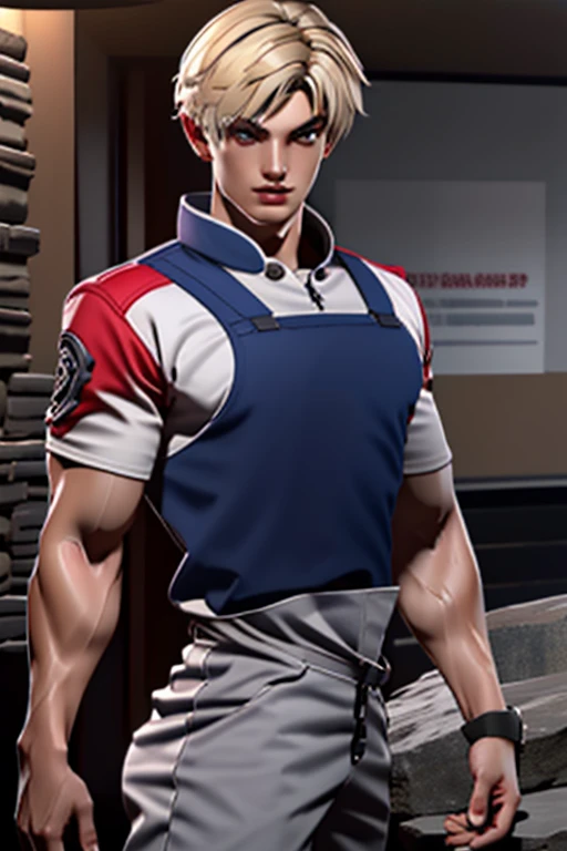 (  very detailed CG), (  best quality ), (  very detailed CG), (  best quality ), (Rock Howard), (Overall view) SWAT Clothing, Beautiful and attractive young man,  toned muscles, Large breasts,