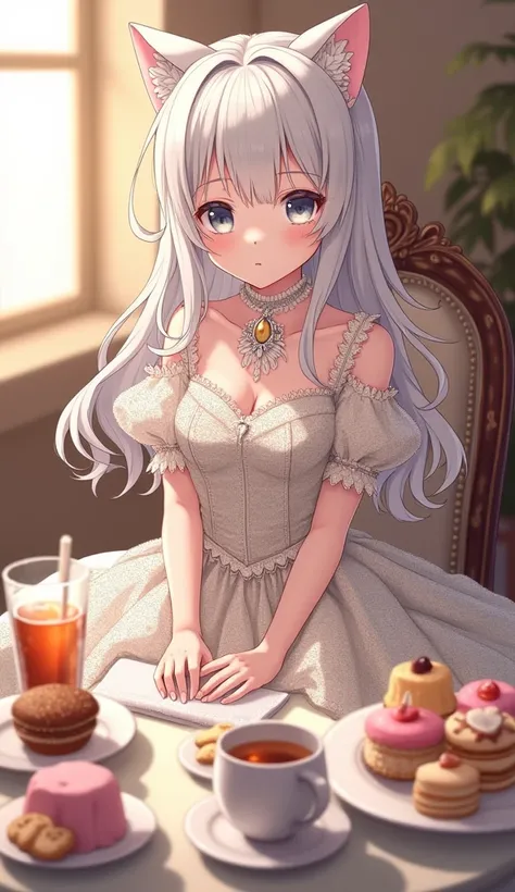 An anime-style illustration of a beautiful girl wearing an elegant Baroque-style lace dress. She has a delicate face, fair skin, and fluffy long white hair with slight curls and straight bangs. Cat ears adorn her head, and she has a pair of gray-blue eyes....