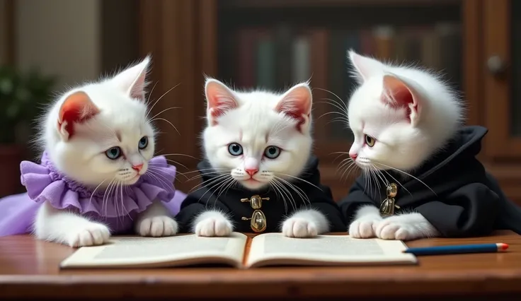 ((ultrarealism)) There are 3 felines, make a white teenage kitten with blue eyes, cute, with a purple Victorian dress, next to her younger sister, another cute white kitten smaller than the kitten in the purple dress, a white kitten with greenish eyes, wit...