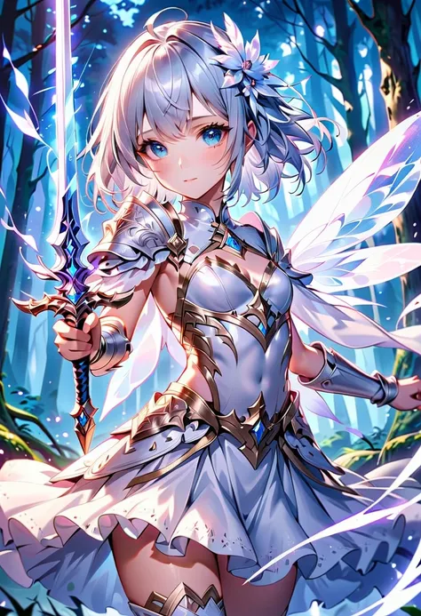 ( fantasy art ),( Masterpiece」),(Anime Style), High Quality ,(perfect anatomy),(Perfect means),(( 1 girl )),((Alone)),( small breasts),細身の体,Silver short hair,((Holding a shining sword in his hand)), Beautiful Detailed Blue Eyes ,Beautifully detailed white ...