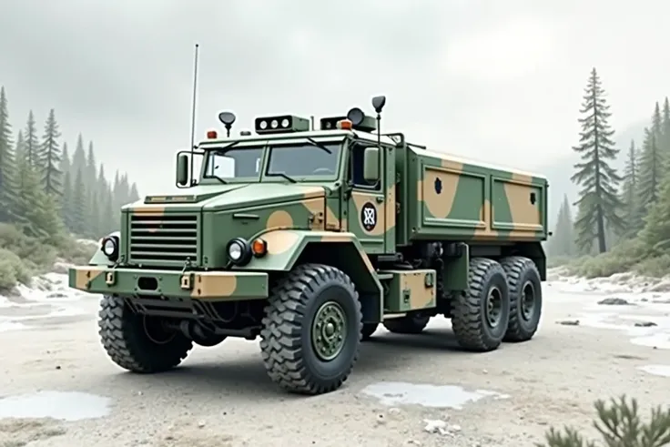  Military truck 6x6 painted camouflage green cream brown and black,  hyper-detailed image , hyperreal,PHOTOGRAPHIC,police sign 