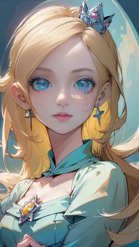 ((((masterpiece, best quality ,Ultra delicate, perfect face,detailed face,Detailed eyes,16k,high resolution,solo)))),princesa rosalina, blue dress, big breasts, adult body, starry sky, semblante angelical
