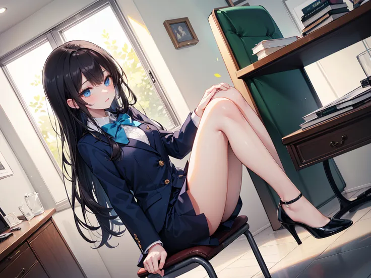  high school students  ， Has long, dark hair ， with warm blue eyes  ， Wore a fresh blue suit and black heels ，  pure white collar and bright green bow 。  has long dark hair and warm blue eyes  ， sitting in a chair 