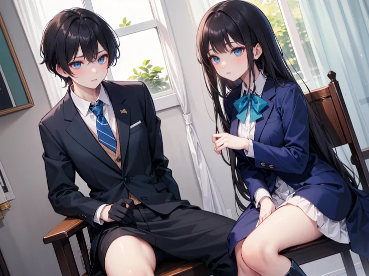  high school students  ， Has long, dark hair ， with warm blue eyes  ， Wore a fresh blue suit and black boots，  pure white collar and bright green bow 。  has long dark hair and warm blue eyes ， sitting in a chair 。