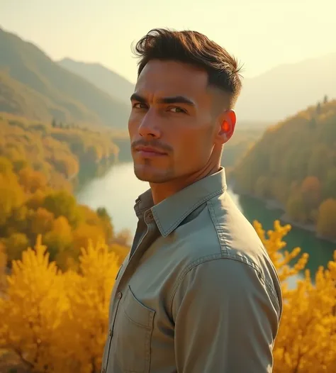 Brutal, handsome man 45 years,  short crew cut dark brown hair, charming face most details hd, thin smile, strong and perfect shape, tan skin, wearing neat shirt, standing on the hill , looking at viewer, yellow cockscomb flowers, green river, yellow maple...