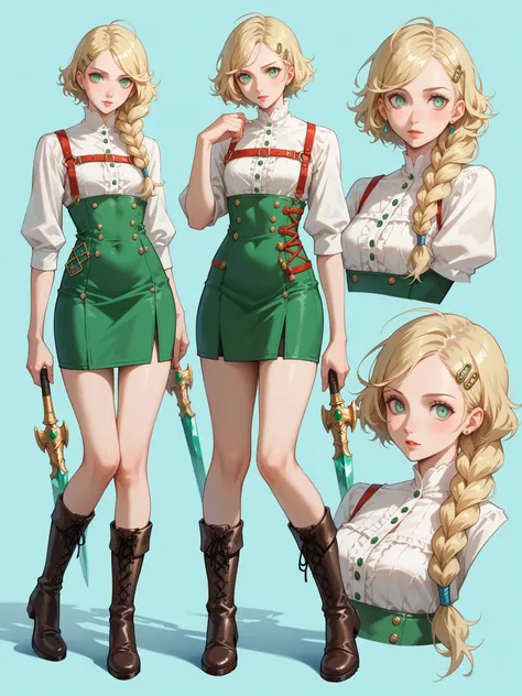 1girl, blonde braid hair, sea color eyes, masterpiece, sexy, white shirt, green miniskirt, fantasy clothes,boots under knees, dark green cloack, simple background, fullbody, anime-style, 35 year old, persona 5 royal style, multiple views, best quality, mas...