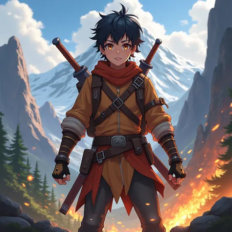  Play a Genshin Impact adventurer with a vision of Pyro,  black hair, brown eyes with two swords around the waist .