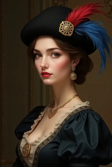 concept art The Spanish version of the Renaissance On the head is a  ladys black neat noble beret with blue and red feathers and gold buckle