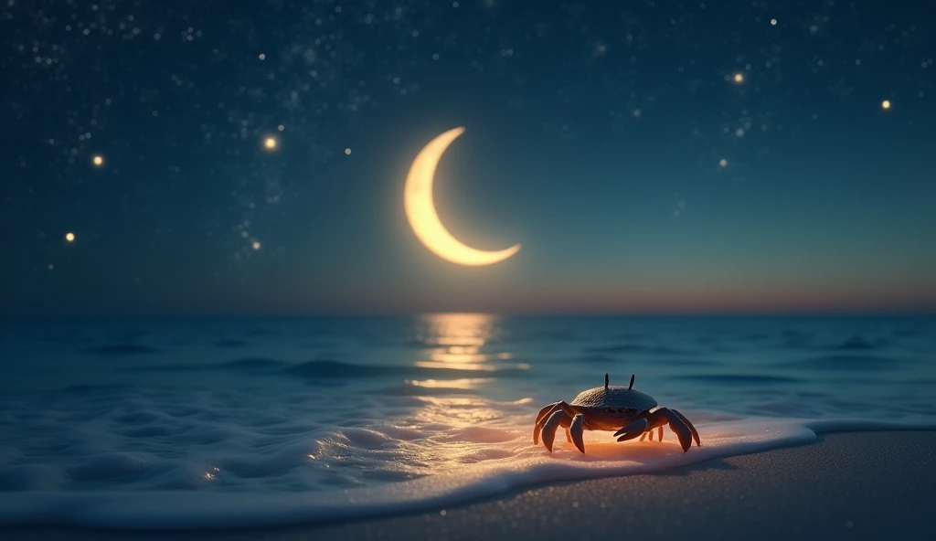 A serene, dreamlike scene with a crescent moon glowing over calm ocean waters. A crab is illuminated on the shore, surrounded by soft golden light. In the sky, faint lines form the Cancer constellation, creating a celestial connection.