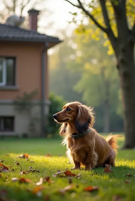 A long-haired dachshund plays in the park, and on another floor, a cat rests on the roof