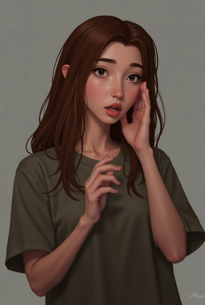 Character design of Mildred, a 22-year-old young woman with a slim build and medium height. She has long, straight chestnut-brown hair and black eyes. Her skin tone is fair. The scene is a Plano Medio Corto (medium close-up), captured from a normal angle w...