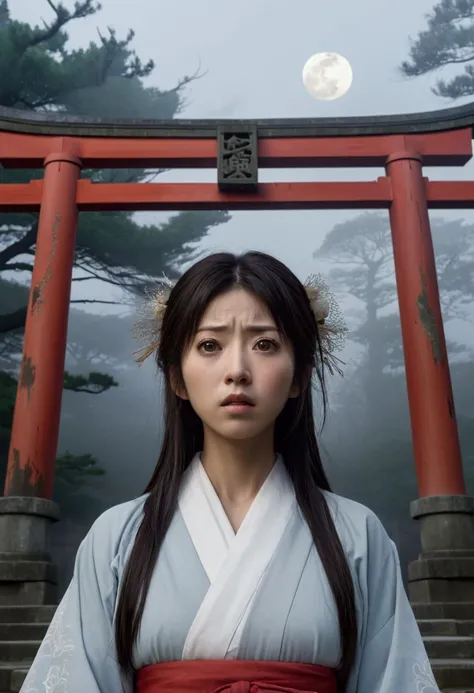 A dramatic close-up of a young mother Genius female idol Yuki standing in front of a crumbling torii gate, her face a mixture of desperation and determination. She clutches her baby tightly against her chest, her tear-streaked cheeks glistening in the fain...