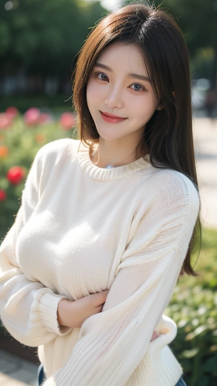 best quality,masterpiece,intricate details,natural skin texture,detailed skin,ultra realistic,detailed eyes,one Korean girl,big eyes,round face, Big breasts, beaming smile, Knitted sweater, cowboy shot, at flower garden