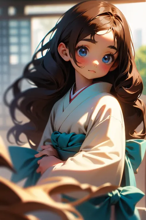 Create a cute  girl wearing a kimono with long brown hair and a blue bow at the back of her head