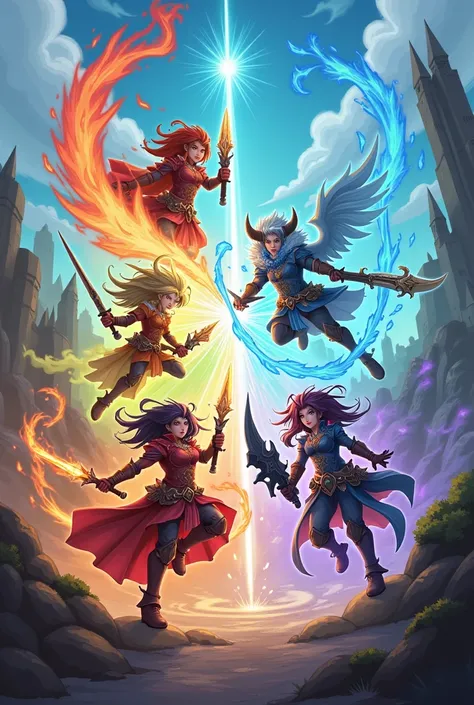 illustration of characters from DOFUS-type mmorpg games that use swords, arches, staffs and shields, Where you can see the 4 elements Earth , Water, fire and wind