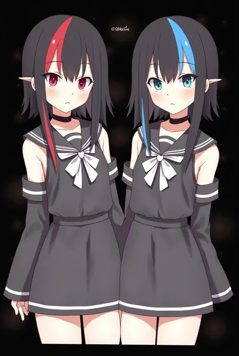 Twins,Black hair with red stripe,black hair with blue stripe,2girl,face mask