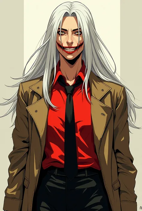 Long white hair, manhwa style, red shirt, brown jacket, black tie, scary smile, full body