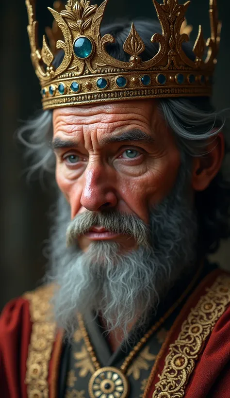 A close-up of the king’s face, showing a mix of deep thought and compassion as he considers the poor mans words. The light falls gently on his crown and robe, emphasizing his wisdom and power.

