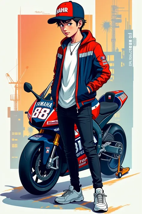 MotoGP Yamaha Cool Number 88 anime livery modification of a 27 year old Indonesian man Wear a basketball cap wearing a t-shirt jacket standing wearing black jeans and white shoes with a development background