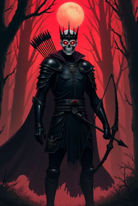  Being with a skull-faced red eyes , Bald man with no hair ,  on his head he wears a black metallic crown ,  on his back he has arrows ,  in his hand he carries a bow he also carries a medieval black archery armor.  in the background a sinister forest with...