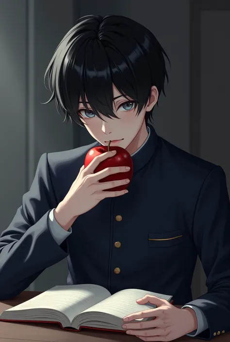 18-year-old boy with black hair and gray eyes dressed in uniform reading a book and eating an apple with a mysterious air