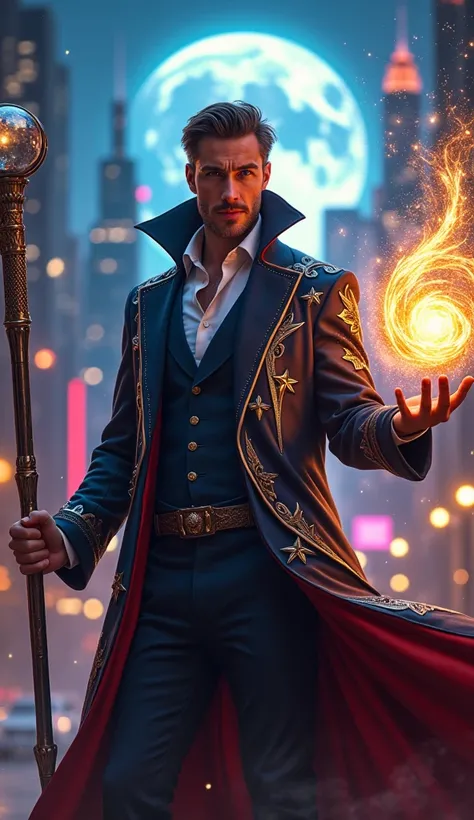 Create a striking depiction of a good-looking yet dangerous magician inspired by the United States, exuding charm and raw power. The magician stands tall in a vibrant urban landscape, with a dazzling city skyline behind him, lit by neon lights and a glowin...