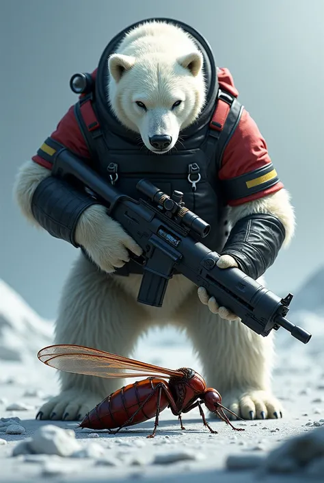 A polar bear in black military clothing with red details , him pointing the gun at a giant mosquito unconscious and bleeding 