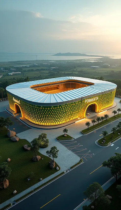 A modern stadium underneath is in the city the shape of a rectangular stadium bada a tree and the grand big Stadium is covered and the walls and roof are batik patterned with green yellow green lighting,  and gold,  and on the walls of the stadium there is...