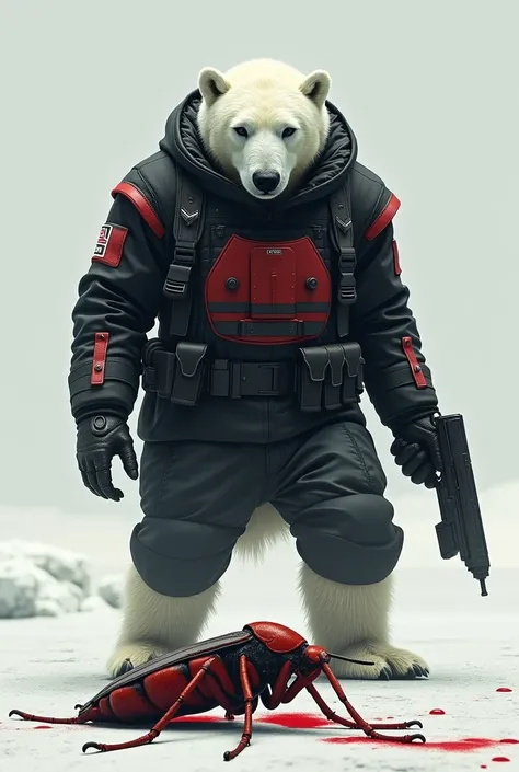 A polar bear in a black military suit with red details, him pointing the gun at a giant mosquito unconscious and bleeding 