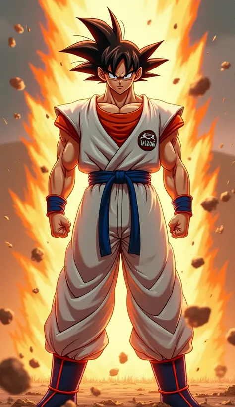 Goku in a white brusa spelled Lincoln in red and with Vegeta on the side doing the fusion 