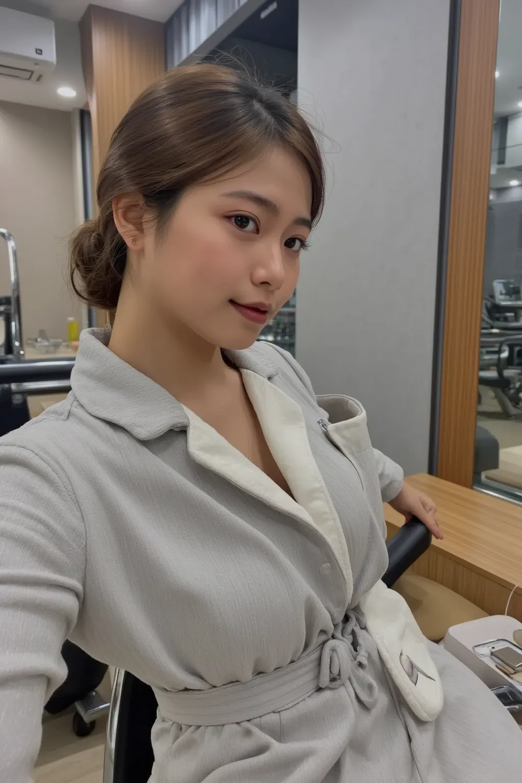 with a single ponytail  。in the morning, wear an autumn long-sleeved fashion brand sports suit at the luxury gym in the villa ar...