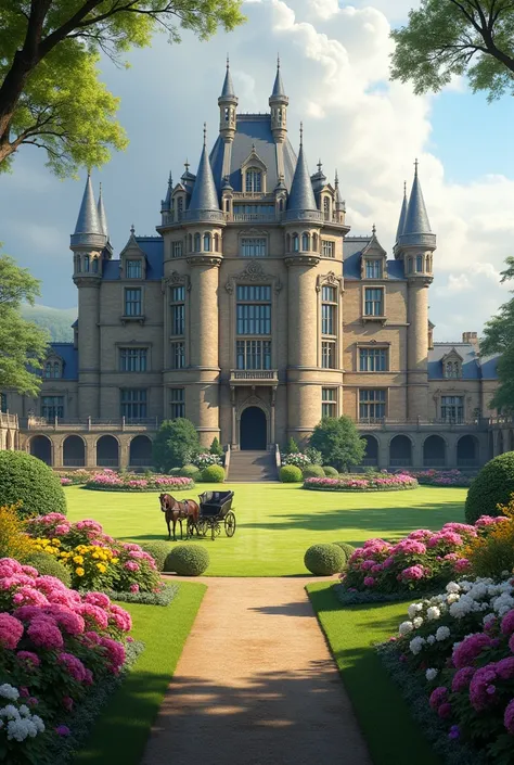  huge palace of Scottish architecture with sophisticated details and a style reminiscent of Scottish buildings.  The building is composed of several symmetrical windows and roofs with small mansards ,  reinforcing the grandeur of its structure . standing i...