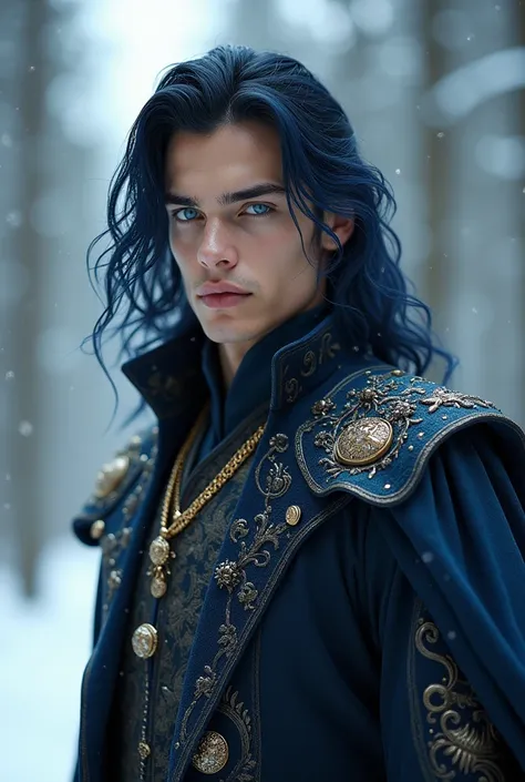 ( Outrageously , High quality ,  Ultra Detailed  ) ,(  Detailed explanation by hand  ) , 1 man, Alone,  handsome young man, Long hair, Navy hair color  ,  Beautiful crystal eyes  ( noticeable ) Baroque, necklace,  suit, Long sleeves,  The cape has a patter...