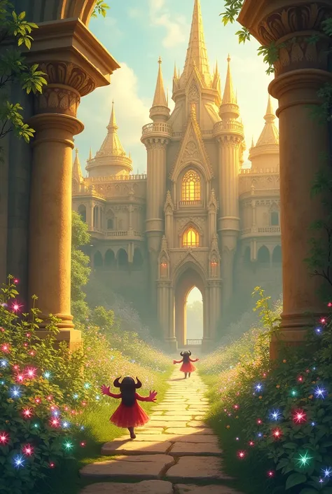 Beautiful garden full of flowers that look like stars next to the golden and shiny tree inside a castle and several ren running around adds more ren