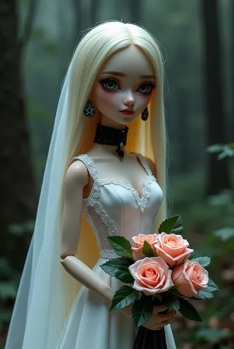 Blonde goth Monster high doll with straight hair down, pentagram earrings, wearing a white dress and white veil in the back, lacl choker, smudged eye makeup and holding a bouquet of roses 